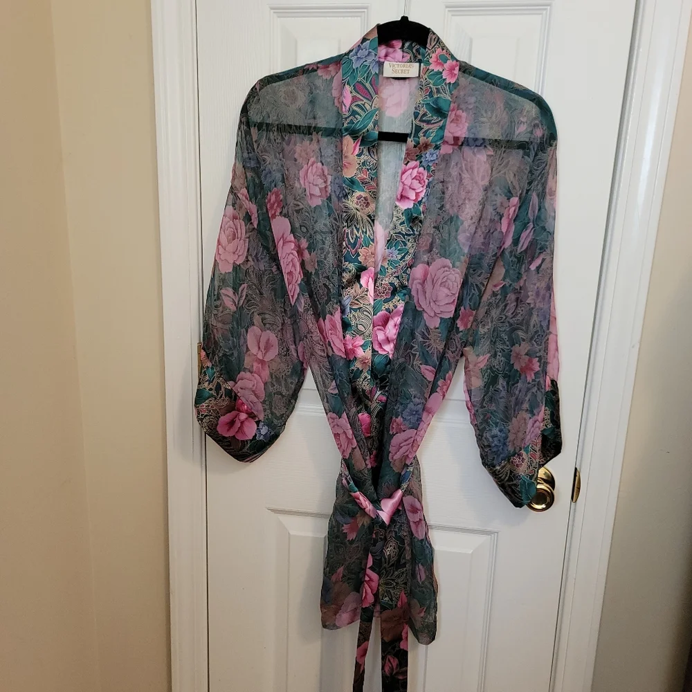 Victoria's Secret Gold Label Vintage Sheer and Satin Green Pink Floral Robe OS